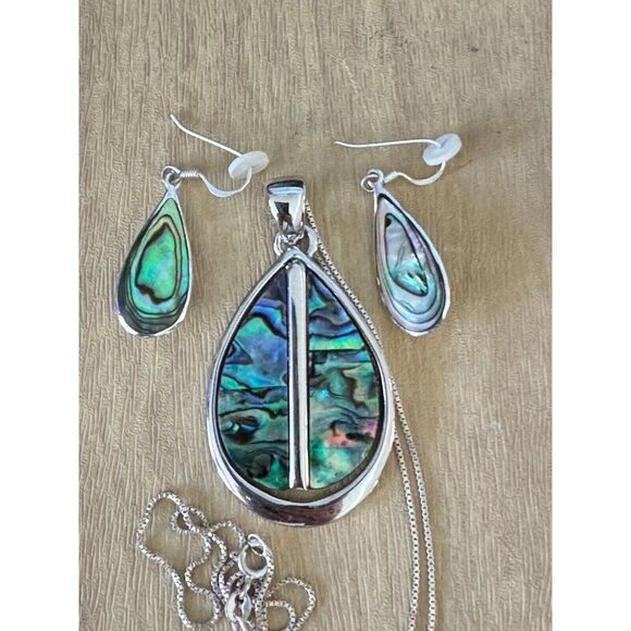 Abalone Pendant Necklace & Matching Earrings Set Sterling Silver Jewelry Elegant - Picture 4 of 6